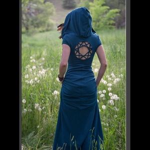 Blue Maxi Gothic Boho Dress w Hood & Cut Out Back